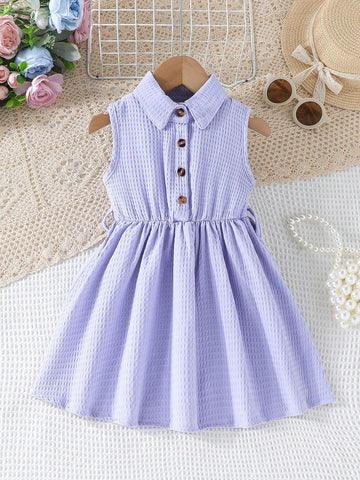 Summer Sleeveless Button-Up Minimalist Style Dress For Girls