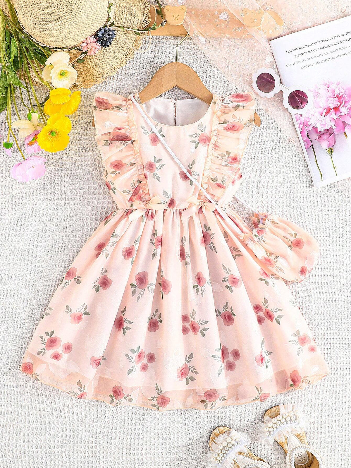 Summer Sleeveless Floral Print Dress With Bowknot For Girls