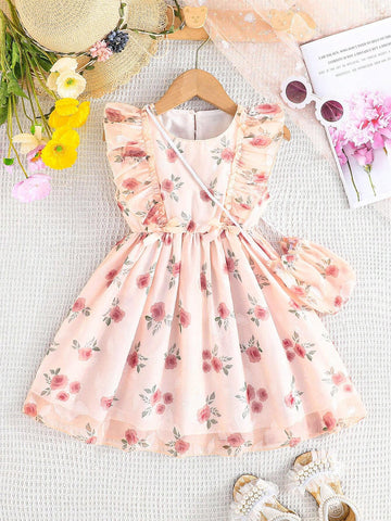 Summer Sleeveless Floral Print Dress With Bowknot For Girls