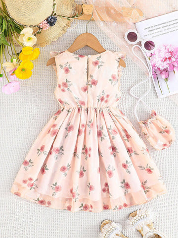 Summer Sleeveless Floral Print Dress With Bowknot For Girls