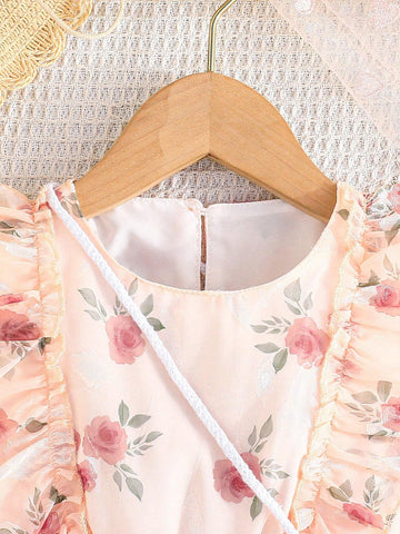 Summer Sleeveless Floral Print Dress With Bowknot For Girls