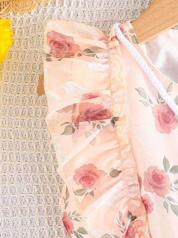 Summer Sleeveless Floral Print Dress With Bowknot For Girls