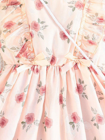 Summer Sleeveless Floral Print Dress With Bowknot For Girls