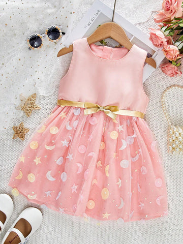 Summer Sleeveless Girls Dress With 3D Star And Moon Decoration For Toddler Girls