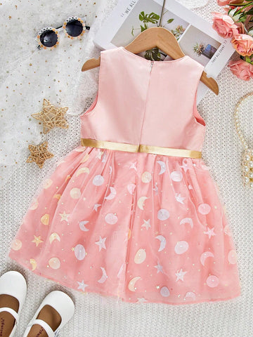 Summer Sleeveless Girls Dress With 3D Star And Moon Decoration For Toddler Girls