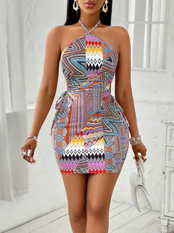 Summer Sleeveless Halter Neck Full Allover Print Drawstring Waist Open Back Dress