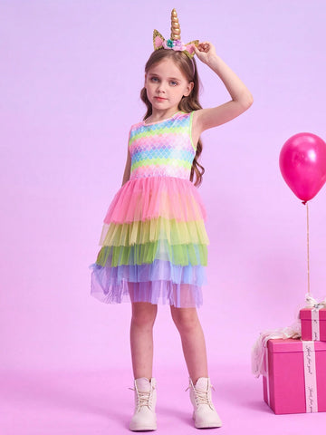 Summer Sleeveless Mermaid Princess Dress For Girls With Five-Layer Gradient Mesh, Ideal For Girl's Birthday Party Outfit