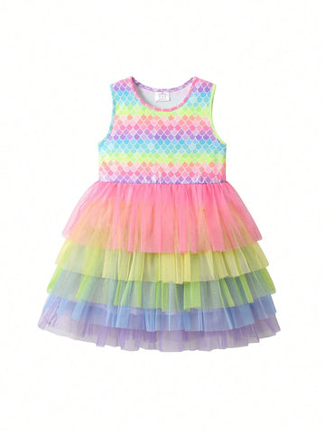 Summer Sleeveless Mermaid Princess Dress For Girls With Five-Layer Gradient Mesh, Ideal For Girl's Birthday Party Outfit