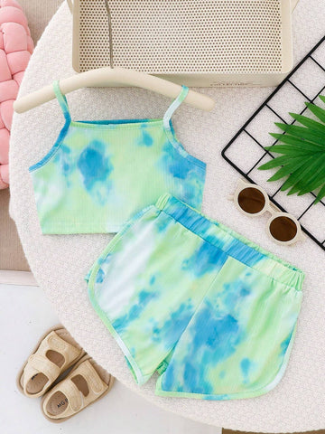 Summer Sleeveless Tie-Dye Shoulder-Baring Top And Shorts Set For Girls, Blue-Green