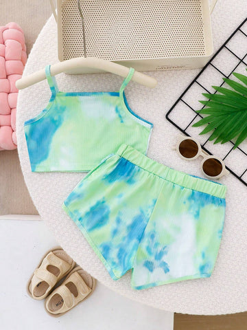 Summer Sleeveless Tie-Dye Shoulder-Baring Top And Shorts Set For Girls, Blue-Green