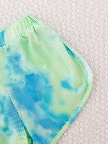 Summer Sleeveless Tie-Dye Shoulder-Baring Top And Shorts Set For Girls, Blue-Green