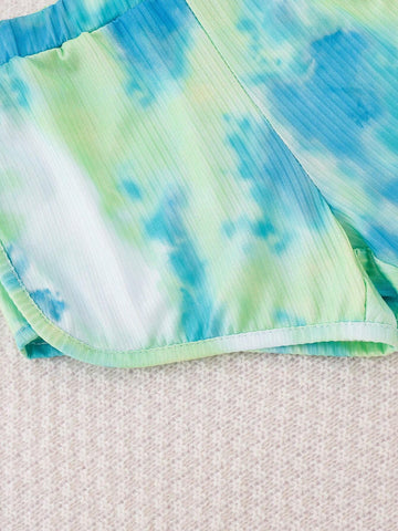 Summer Sleeveless Tie-Dye Shoulder-Baring Top And Shorts Set For Girls, Blue-Green