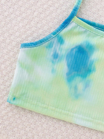 Summer Sleeveless Tie-Dye Shoulder-Baring Top And Shorts Set For Girls, Blue-Green