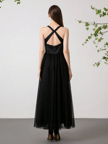 Summer Solid Color Elegant & Sexy Sleeveless Mesh Evening Gown Dress