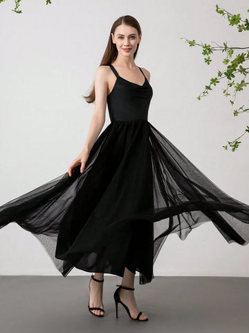 Summer Solid Color Elegant & Sexy Sleeveless Mesh Evening Gown Dress