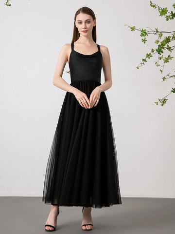 Summer Solid Color Elegant & Sexy Sleeveless Mesh Evening Gown Dress