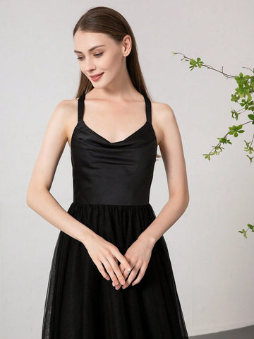 Summer Solid Color Elegant & Sexy Sleeveless Mesh Evening Gown Dress