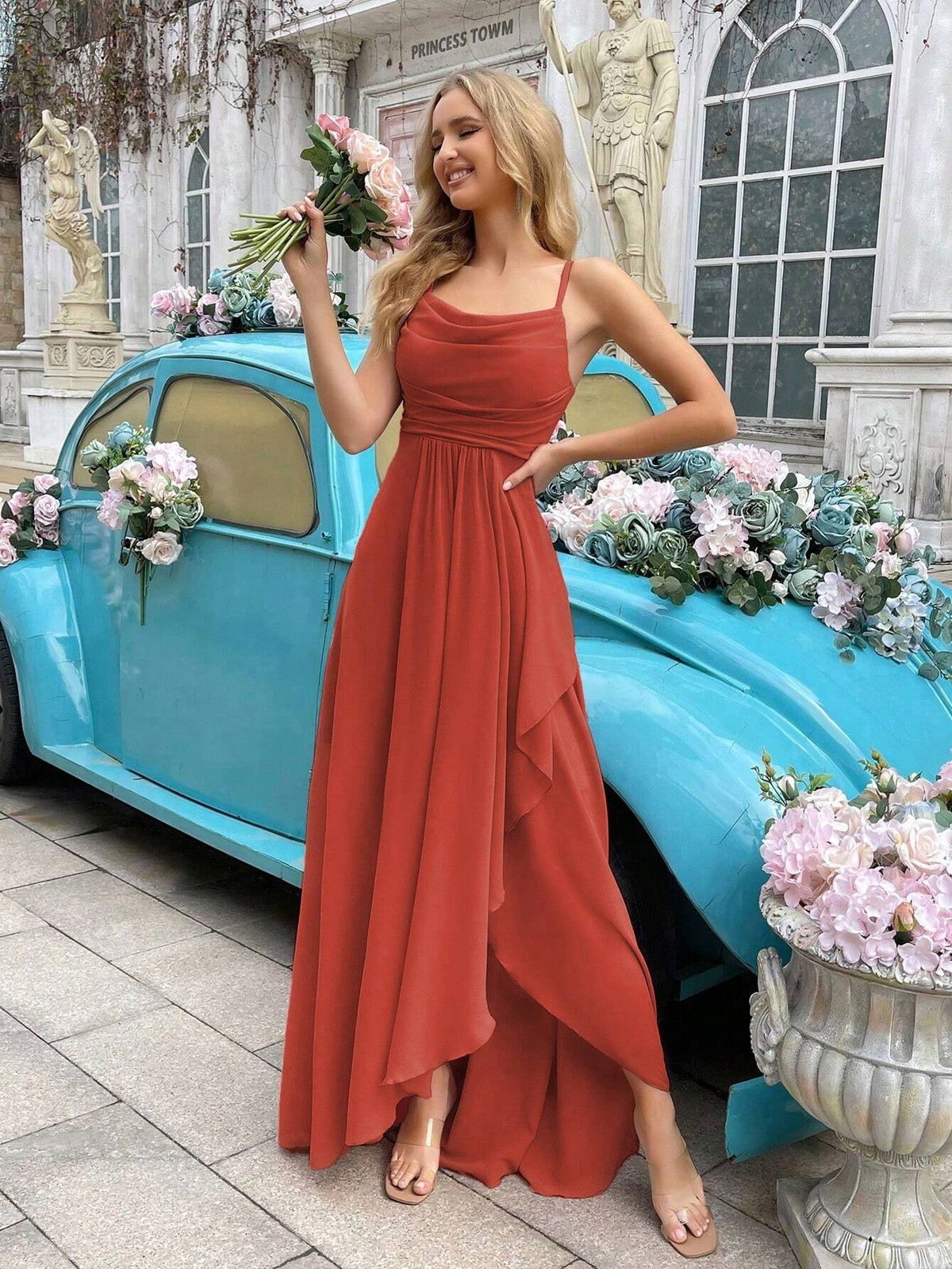 Summer Solid Color Halter Neck Waist Belted Floor Length Bridesmaid Dress
