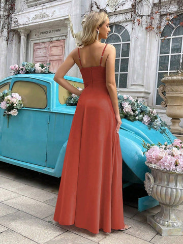 Summer Solid Color Halter Neck Waist Belted Floor Length Bridesmaid Dress