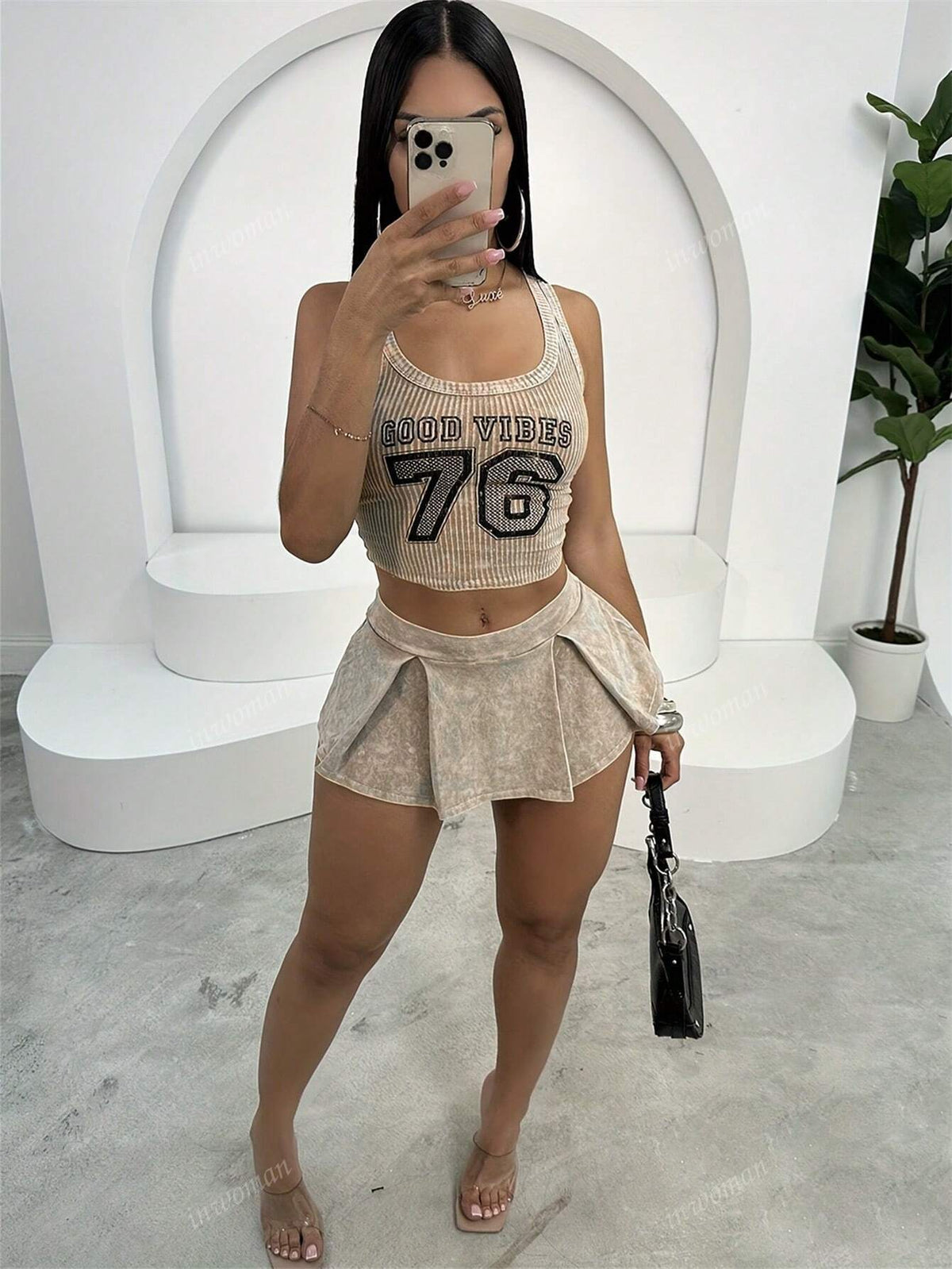 Summer Solid Color Letter Print Pit Strip Tight Spice Short Sleeveless Vest Top Pleated Skirt Suit Female