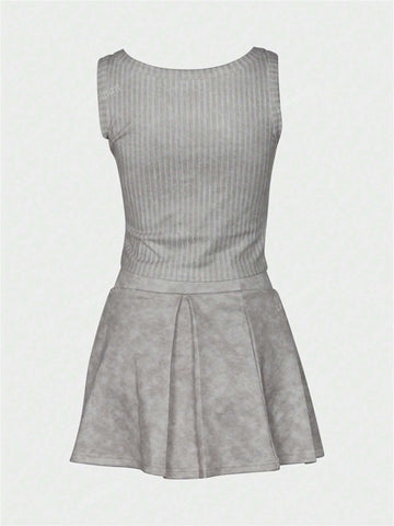 Summer Solid Color Letter Print Pit Strip Tight Spice Short Sleeveless Vest Top Pleated Skirt Suit Female