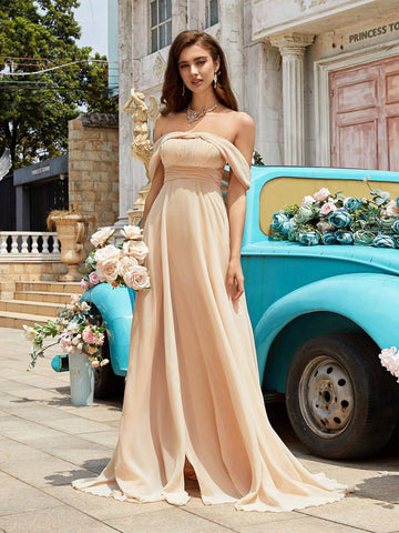 Summer Solid Color Off Shoulder High Slit Apricot Bridesmaid Dress