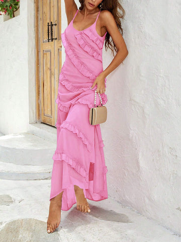 Summer Solid Color Ruffles Maxi Heavy Work Dress With Spaghetti Straps