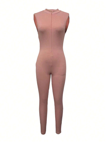 Summer Solid Color Sleeveless Jumpsuit Unitard With Zipper