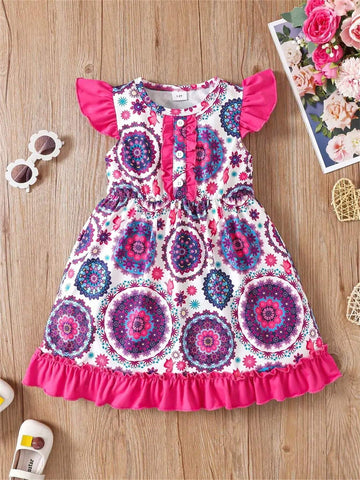 Summer Style Floral Pattern Printed Dress With Short Butterfly Sleeves And Ruffled Hem For Girls Aged 4-8 Cute And Stylish