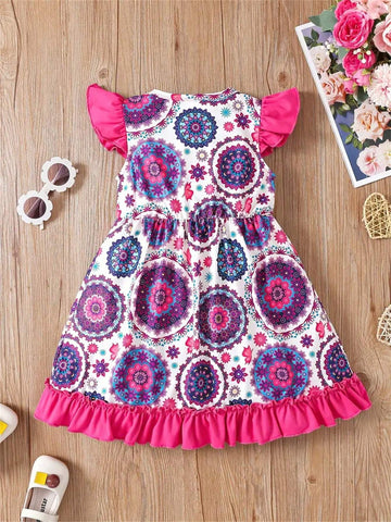 Summer Style Floral Pattern Printed Dress With Short Butterfly Sleeves And Ruffled Hem For Girls Aged 4-8 Cute And Stylish