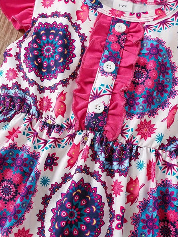 Summer Style Floral Pattern Printed Dress With Short Butterfly Sleeves And Ruffled Hem For Girls Aged 4-8 Cute And Stylish