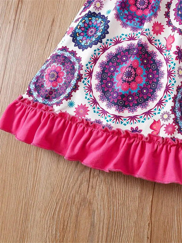 Summer Style Floral Pattern Printed Dress With Short Butterfly Sleeves And Ruffled Hem For Girls Aged 4-8 Cute And Stylish