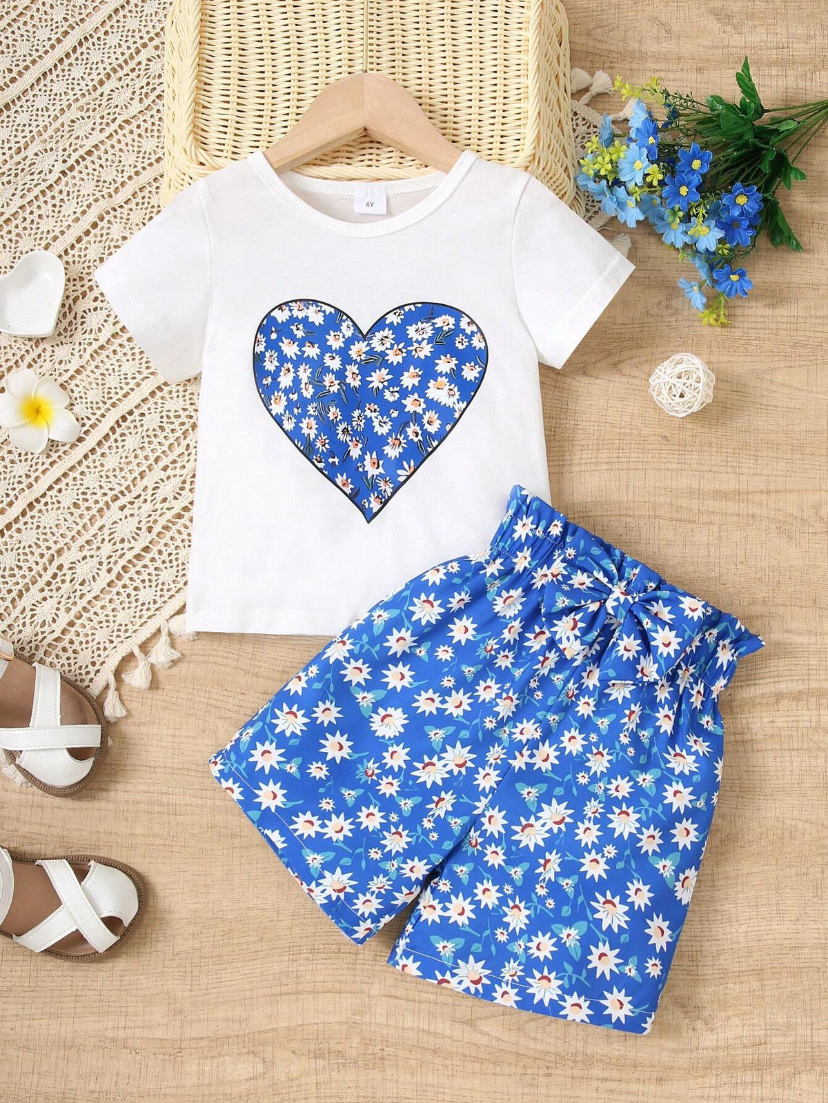 Summer Style Young Girl Casual Love Heart Printed Short Sleeve T-Shirt And Shorts Two-Piece Set