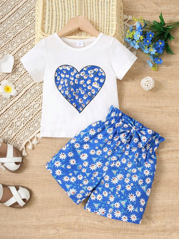 Summer Style Young Girl Casual Love Heart Printed Short Sleeve T-Shirt And Shorts Two-Piece Set