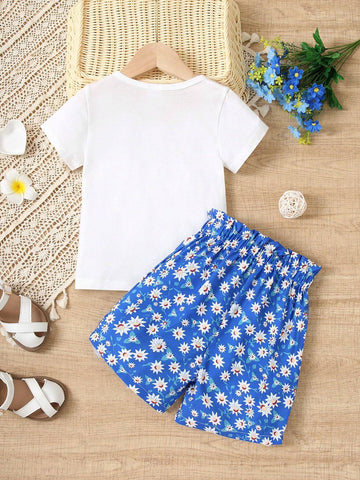 Summer Style Young Girl Casual Love Heart Printed Short Sleeve T-Shirt And Shorts Two-Piece Set