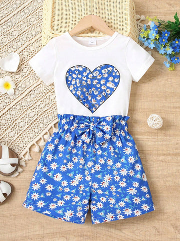 Summer Style Young Girl Casual Love Heart Printed Short Sleeve T-Shirt And Shorts Two-Piece Set