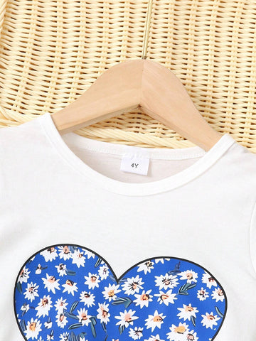 Summer Style Young Girl Casual Love Heart Printed Short Sleeve T-Shirt And Shorts Two-Piece Set