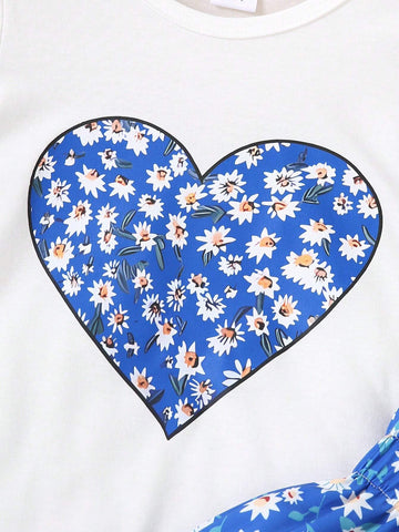 Summer Style Young Girl Casual Love Heart Printed Short Sleeve T-Shirt And Shorts Two-Piece Set