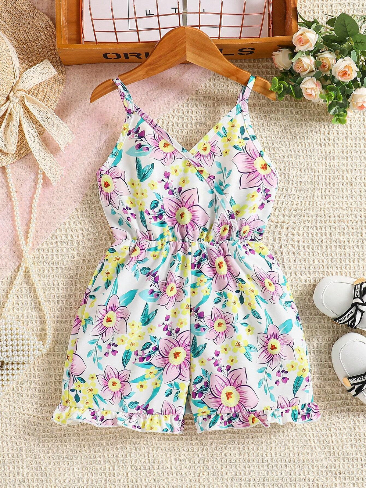 Summer Sweet Floral Allover Print Girls' Romper With Lace Spaghetti Straps, Countryside Style