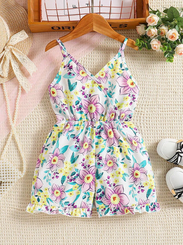 Summer Sweet Floral Allover Print Girls' Romper With Lace Spaghetti Straps, Countryside Style