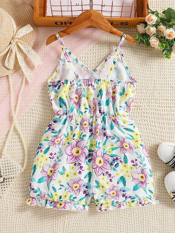 Summer Sweet Floral Allover Print Girls' Romper With Lace Spaghetti Straps, Countryside Style