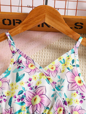 Summer Sweet Floral Allover Print Girls' Romper With Lace Spaghetti Straps, Countryside Style