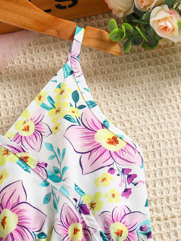 Summer Sweet Floral Allover Print Girls' Romper With Lace Spaghetti Straps, Countryside Style