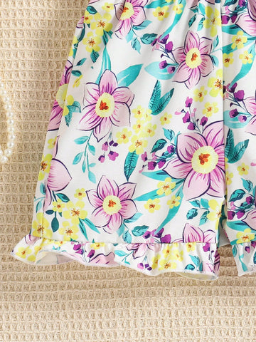 Summer Sweet Floral Allover Print Girls' Romper With Lace Spaghetti Straps, Countryside Style