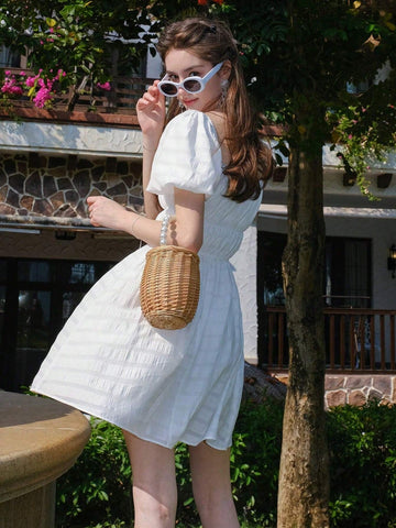 Summer Sweet Pleated Puff Sleeve Short Dress