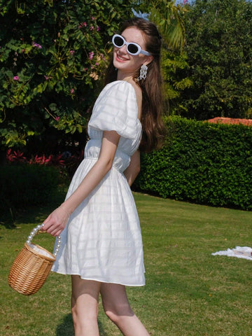 Summer Sweet Pleated Puff Sleeve Short Dress