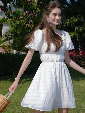 Summer Sweet Pleated Puff Sleeve Short Dress