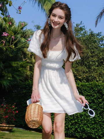 Summer Sweet Pleated Puff Sleeve Short Dress