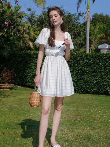 Summer Sweet Pleated Puff Sleeve Short Dress