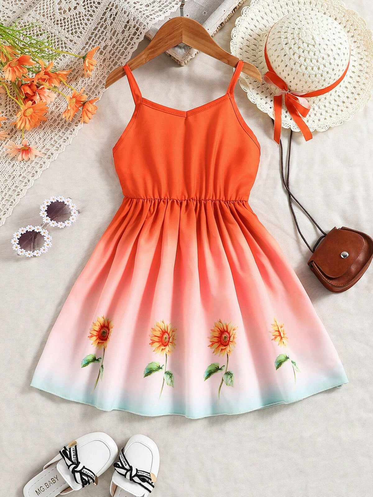 Summer Sweet Sunflower Printed Casual Toddler Girls' Travel Dress With Straps